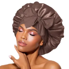 BONNET QUEEN Satin Bonnet Cool Breathable Single Layer Silk Bonnet for Sleeping Women Hair Bonnet Night Sleep Cap Scarf Wrap for Curly Hair with Tie Band Chocolate