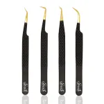 SIVOTE Fiber Tip Lash Tweezers for Eyelash Extensions with Diamond Grip, Black, Set of 4 - Precise Tips Japanese Steel for Classic, Volume & Mega Volume Lashes, Anti-Rust - Ideal for Lash Artists