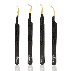 SIVOTE Fiber Tip Lash Tweezers for Eyelash Extensions with Diamond Grip, Black, Set of 4 - Precise Tips Japanese Steel for Classic, Volume & Mega Volume Lashes, Anti-Rust - Ideal for Lash Artists