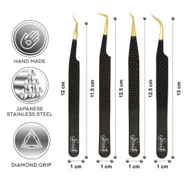 SIVOTE Fiber Tip Lash Tweezers for Eyelash Extensions with Diamond Grip, Black, Set of 4 - Precise Tips Japanese Steel for Classic, Volume & Mega Volume Lashes, Anti-Rust - Ideal for Lash Artists