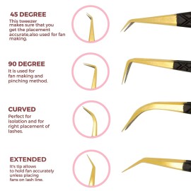 SIVOTE Fiber Tip Lash Tweezers for Eyelash Extensions with Diamond Grip, Black, Set of 4 - Precise Tips Japanese Steel for Classic, Volume & Mega Volume Lashes, Anti-Rust - Ideal for Lash Artists