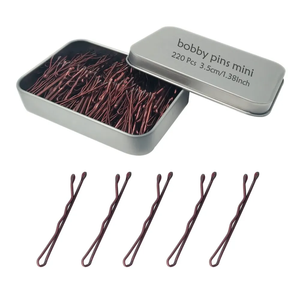 220 Count Mini Wavy 1.38 Inch Bobby Pins Brown, YINGFENG Small Hair Bobby Pins with Storage Box for Updos, Metal Hair Clips for Kids, Girls and Women, Suitable for All Hair Types