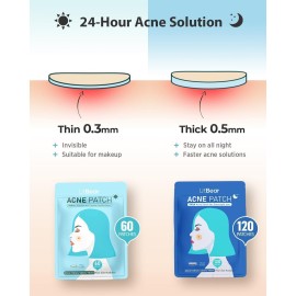 LitBear Acne Pimple Patches- Day and Night 4 Sizes 180 Dots Thin & Thick Hydrocolloid Patches with Witch Hazel, Tea Tree & Calendula Oil, Extra Adhesion for Face Zit Patch Dots