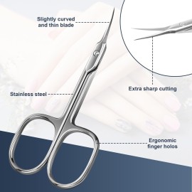 CGBE Cuticle Scissors Extra Fine Curved Blade, Super Slim Manicure Scissors for Cuticles Professional Small Scissors with Precise Pointed Tip Grooming Blades, Eyebrow, Eyelash, and Dry Skin - Silvery