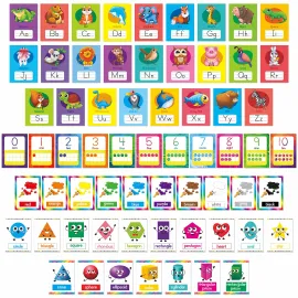64 PCS Educational Cards, Laminated Water/Tear Proof Preschool Learning Posters Include Alphabet Numbers Colors & 2D/3D Shapes, Kindergarten Preschool Early Education Cards Home Classroom Decorations