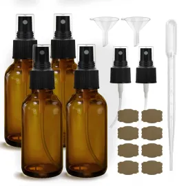 GIVAMEIHF Amber Glass Spray Bottles 4oz,Small Empty Glass Spray Bottle Fine Mist Spray Refillable Containers,Mini Travel Spray Bottles set of 4,Included 6 Sprinkler,2 Funnels,1 Droppers,8 Labels
