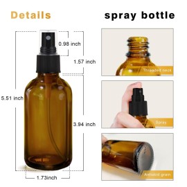 GIVAMEIHF Amber Glass Spray Bottles 4oz,Small Empty Glass Spray Bottle Fine Mist Spray Refillable Containers,Mini Travel Spray Bottles set of 4,Included 6 Sprinkler,2 Funnels,1 Droppers,8 Labels