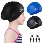 2 Pack Kids Swim Caps for Long/Short Hair, Unisex Silicone Swimming Cap for Age 3-15 Children Toddler Youth Teen, Waterproof Shower Cap Bathing Hats for Girls Boys with Ear Plugs & Nose Clip-8