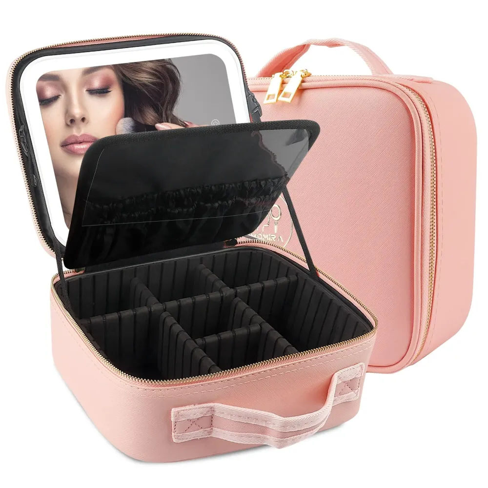 MOMIRA Makeup Train Case with Light & Mirror Large Cosmetic Organizer with Adjustable Dividers for Cosmetics,10X Magnifying Makeup Mirror,Pink MOMIRA Makeup Train Case with Light & Mirror Large Cosmetic Organizer with Adjustable Dividers for Cosmetics,10X Magnifying Makeup Mirror,Pink