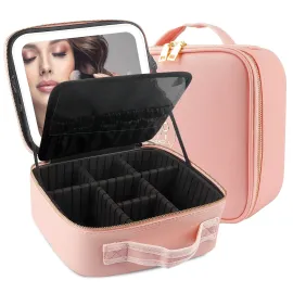 MOMIRA Makeup Train Case with Light & Mirror Large Cosmetic Organizer with Adjustable Dividers for Cosmetics,10X Magnifying Makeup Mirror,Pink MOMIRA Makeup Train Case with Light & Mirror Large Cosmetic Organizer with Adjustable Dividers for Cosmetics,10X Magnifying Makeup Mirror,Pink