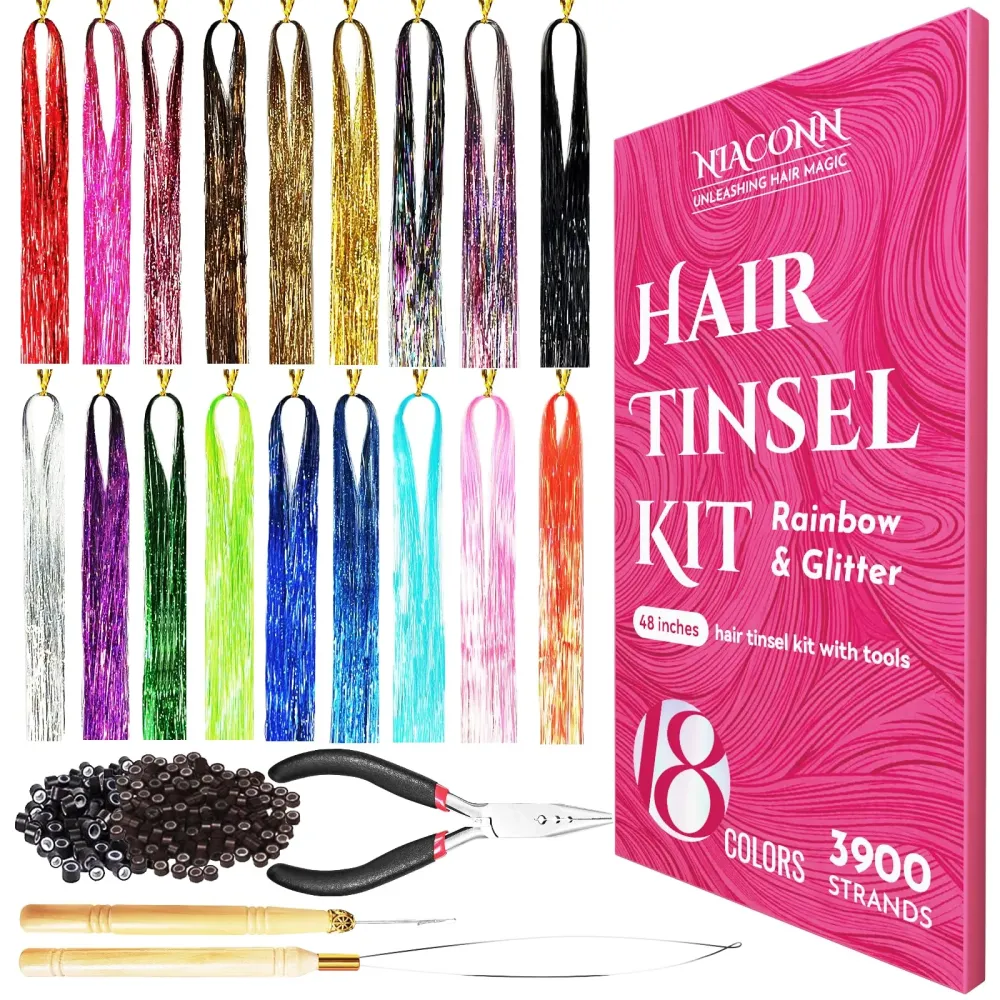 NIACONN Glitter Hair Tinsel Extensions Kit 18 Colors with Tools and Beads, 48 Inch Sparkly Fairy Colorful Tensile Strands Shiny Hair Accessories for Women Girls Kids NIACONN Glitter Hair Tinsel Extensions Kit 18 Colors with Tools and Beads, 48 Inch Sparkly Fairy Colorful Tensile Strands Shiny Hair Accessories for Women Girls Kids
