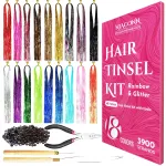NIACONN Glitter Hair Tinsel Extensions Kit 18 Colors with Tools and Beads, 48 Inch Sparkly Fairy Colorful Tensile Strands Shiny Hair Accessories for Women Girls Kids