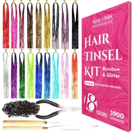 NIACONN Glitter Hair Tinsel Extensions Kit 18 Colors with Tools and Beads, 48 Inch Sparkly Fairy Colorful Tensile Strands Shiny Hair Accessories for Women Girls Kids
