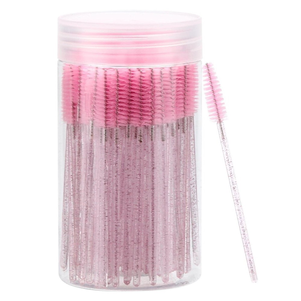 100 Pcs Disposable Mascara Wands, Crystal Eyebrow Spoolies Brush for Eyelash Extensions, Pink Lash Brushes with Container 100 Pcs Disposable Mascara Wands, Crystal Eyebrow Spoolies Brush for Eyelash Extensions, Pink Lash Brushes with Container