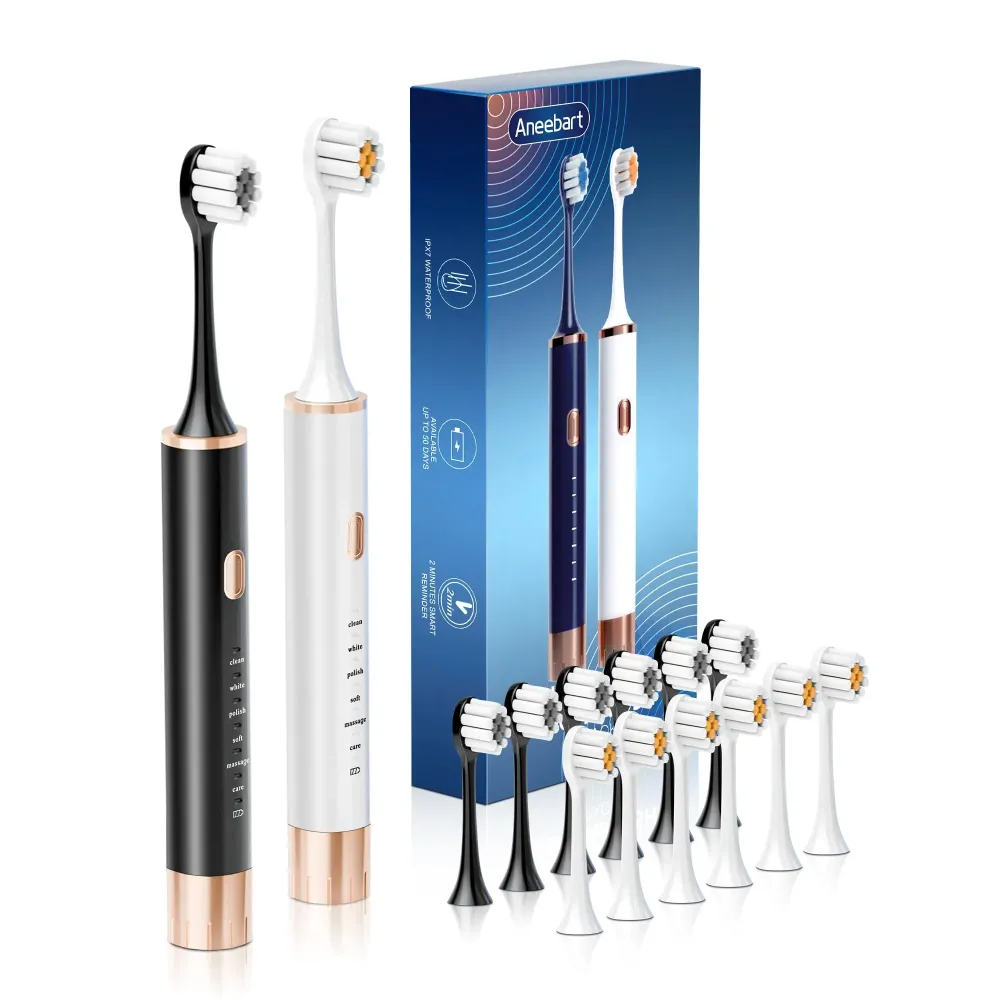 Aneebart Sonic 2 Pack Electric Toothbrush for Adults and Kids, Travel Toothbrush Includes 12 Dupont Brush Heads, 6 Modes with 2 MIN Smart Timer (Black White) Aneebart Sonic 2 Pack Electric Toothbrush for Adults and Kids, Travel Toothbrush Includes 12 Dupont Brush Heads, 6 Modes with 2 MIN Smart Timer (Black White)