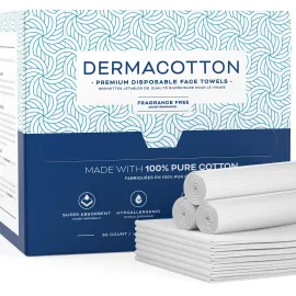 Dermacotton Disposable Cotton Face Towels - Super Soft Face Wipes, Hypoallergenic Makeup Remover Wipes, Suitable for All Skin Types Including Sensitive Skin - Biodegradable Facial Cloths (50 Pack)