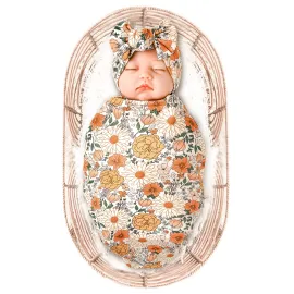Konssy Baby Girl Newborn Receiving Blanket with Headband Set Baby Swaddle Nursery Swaddle Wrap