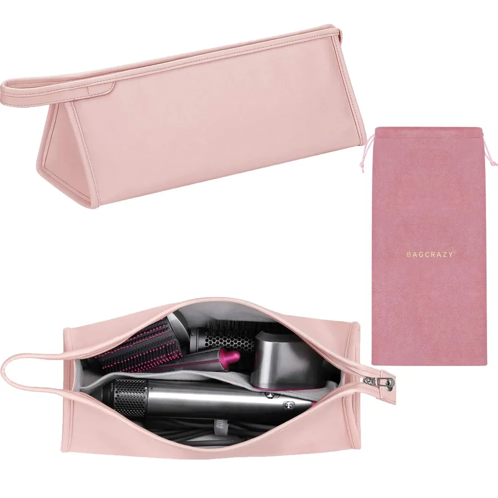 BAGCRAZY Pu Leather Travel Case Compatible with Dyson Airwrap Styler, Portable Waterproof Organizer Bag for Shark FlexStyle Attachments Storage, Pink BAGCRAZY Pu Leather Travel Case Compatible with Dyson Airwrap Styler, Portable Waterproof Organizer Bag for Shark FlexStyle Attachments Storage, Pink