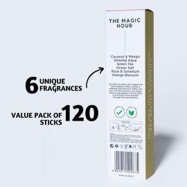 Folkulture Incense Sticks | Set of 6 Incenses (120 Incence Sticks) for Positive Aura | Coconut Mango, Oriental Aqua, Green Tea, Ocean Salt, Rose Geranium, Orange Blossom, Magic Hour Folkulture Incense Sticks | Set of 6 Incenses (120 Incence Sticks) for Positive Aura | Coconut Mango, Oriental Aqua, Green Tea, Ocean Salt, Rose Geranium, Orange Blossom, Magic Hour