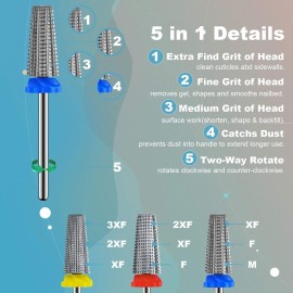 3Pcs Carbide 5 in 1 Nail Drill Bit Set- Two Way Rotate Use for Both Left and Right Handed- XF F M 3/32 Inches Brocas Para Drill Nails for Acrylic Nail Gel Fast Remove 3Pcs Carbide 5 in 1 Nail Drill Bit Set- Two Way Rotate Use for Both Left and Right Handed- XF F M 3/32 Inches Brocas Para Drill Nails for Acrylic Nail Gel Fast Remove