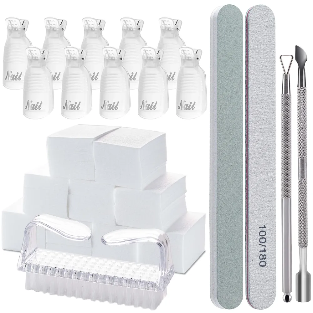 Gel Polish Remover Tools Kit - 10 Clips, 400 Lint-Free Wipes, Files 100/180, Buffer Block 400/4000, Brush, Cuticle Pusher & Peeler (Clear) Gel Polish Remover Tools Kit - 10 Clips, 400 Lint-Free Wipes, Files 100/180, Buffer Block 400/4000, Brush, Cuticle Pusher & Peeler (Clear)
