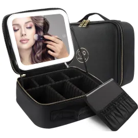 MOMIRA Travel Makeup Bag Cosmetic Bag Makeup Organizer Bag with Lighted Mirror, Adjustable Brightness in 3 Color Scenarios, Waterproof Makeup Train Case, Gift for Women - Black