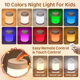 10 Color+8 Dim Kids Night Light, Remote+Timer+Touch, Portable+Rechargeable Night Light for Baby Nursery Lamp [Gifts]