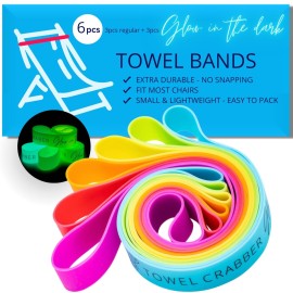Towel Bands (6-Pack), Beach Pool & Cruise Chairs, Extra Durable, No Snapping, Cruise Ship & Beach Essentials, Great Alternative to Beach Towel Clips (3 Regular + 3 Glow in The Dark