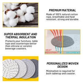 Mckanti 8 Pcs Drink Coasters with Holder, 4 Colors Absorbent Coasters, Minimalist Cotton Woven Coaster Set for Living Room Decor, Tabletop Protection Suitable for Kinds of Cups, 4.3 Inches