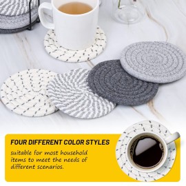 Mckanti 8 Pcs Drink Coasters with Holder, 4 Colors Absorbent Coasters, Minimalist Cotton Woven Coaster Set for Living Room Decor, Tabletop Protection Suitable for Kinds of Cups, 4.3 Inches