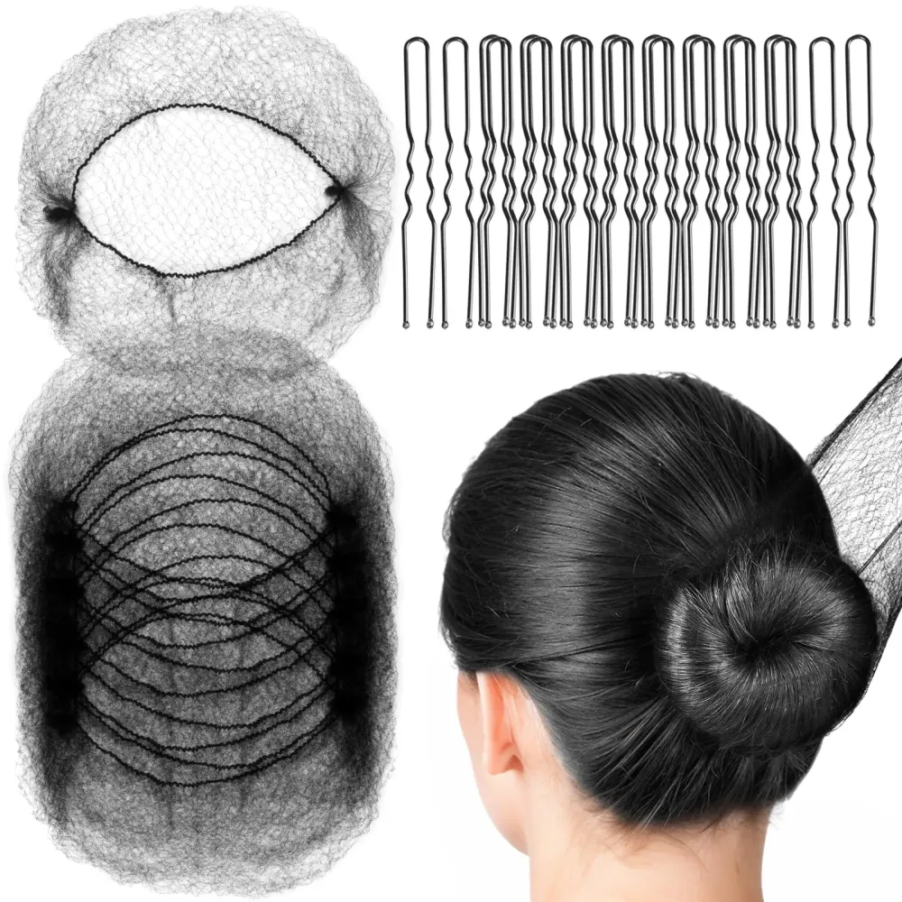 FANDAMEI Hair Nets, U Shaped Hair Pins Set - 20 Invisible Elastic Mesh Nets, 40 Bun Maker Pins for Women, Girls, Ballet Dance (Black) FANDAMEI Hair Nets, U Shaped Hair Pins Set - 20 Invisible Elastic Mesh Nets, 40 Bun Maker Pins for Women, Girls, Ballet Dance (Black)
