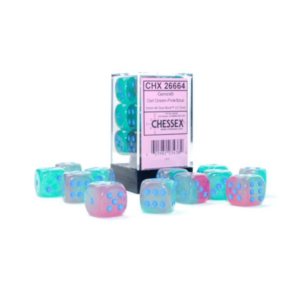 Gemini Dice Block | Set of 12 Size D6 Dice Designed for Board Games, Roleplaying Games and Miniature Games | Premium Quality 16 mm Dice | Luminary Gel Green, Pink and Blue Color | Made by Chessex Gemini Dice Block | Set of 12 Size D6 Dice Designed for Board Games, Roleplaying Games and Miniature Games | Premium Quality 16 mm Dice | Luminary Gel Green, Pink and Blue Color | Made by Chessex