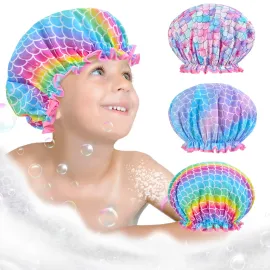 3 Pcs Kids Shower Caps for Girls - Cute Rainbow Hair Cap With Wide Elastic Band, Plastic Reusable Waterproof Toddler Bath Cap, Large for Women (Mermaid)