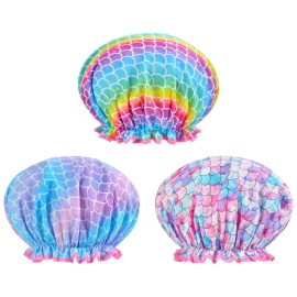 3 Pcs Kids Shower Caps for Girls - Cute Rainbow Hair Cap With Wide Elastic Band, Plastic Reusable Waterproof Toddler Bath Cap, Large for Women (Mermaid) 3 Pcs Kids Shower Caps for Girls - Cute Rainbow Hair Cap With Wide Elastic Band, Plastic Reusable Waterproof Toddler Bath Cap, Large for Women (Mermaid)