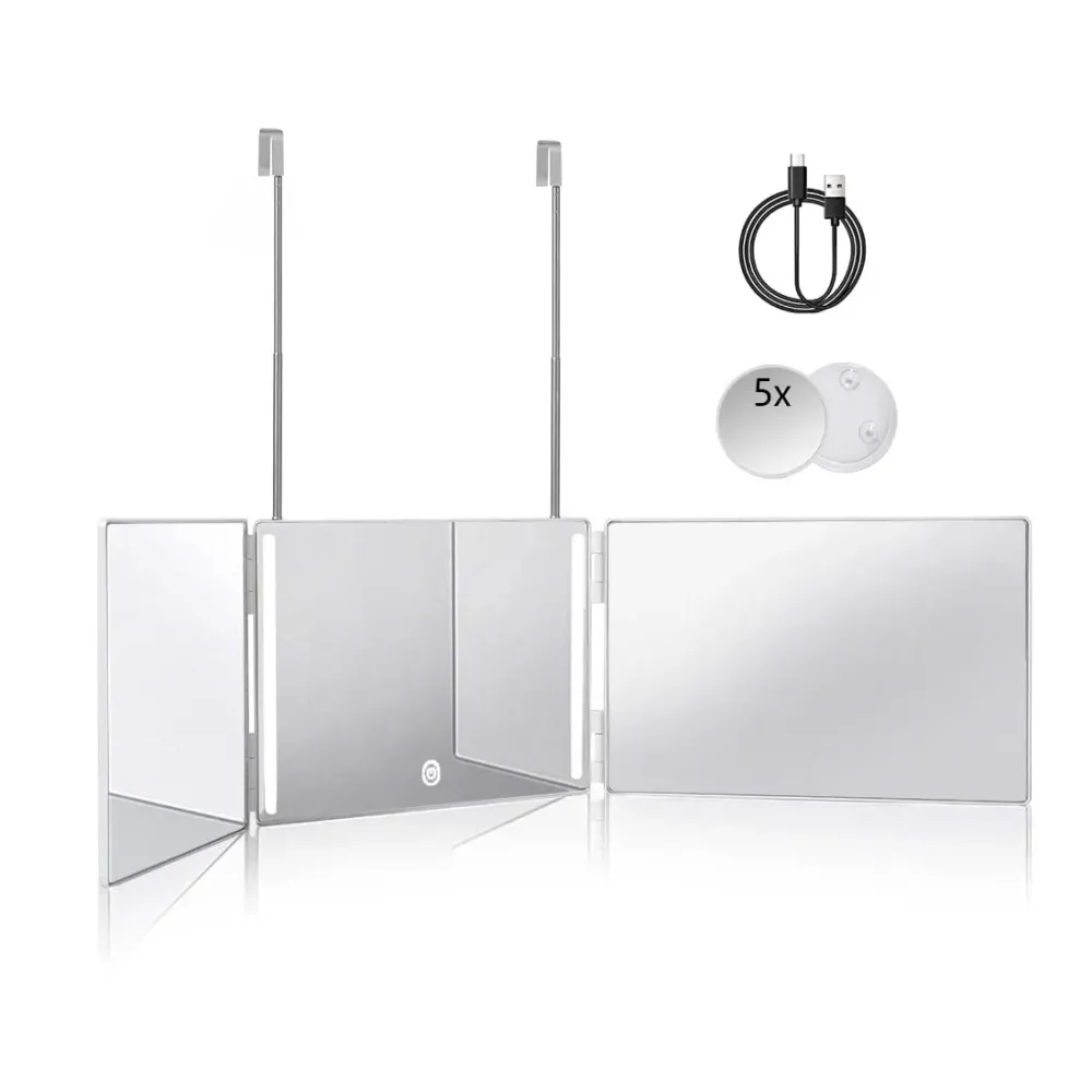 HIEEY 3 Way 360 Trifold Mirror with LED , Height Adjustable Telescoping Hooks,and 5X Magnification for Makeup,Hair Cutting/Styling (White) HIEEY 3 Way 360 Trifold Mirror with LED , Height Adjustable Telescoping Hooks,and 5X Magnification for Makeup,Hair Cutting/Styling (White)