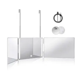 HIEEY 3 Way 360 Trifold Mirror with LED , Height Adjustable Telescoping Hooks,and 5X Magnification for Makeup,Hair Cutting/Styling (White)