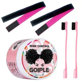 Goiple Edge Control Wax for Women Strong Hold Non-greasy Edge Smoother Strawberry Scent (4oz Edge Control Wax + Edge Brushes*2 + Pink Elastic Bands*2)