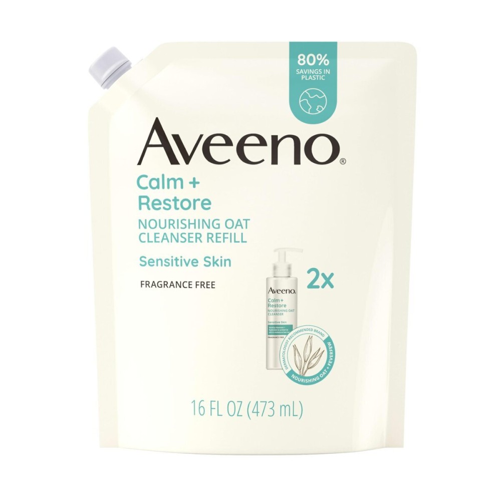 Aveeno Calm + Restore Nourishing Oat Facial Cleanser for Sensitive Skin, Gentle Face Wash with Nourishing Oat & Calming Feverfew, Hypoallergenic, Fragrance-Free, Refill Pouch, 16 fl. oz Aveeno Calm + Restore Nourishing Oat Facial Cleanser for Sensitive Skin, Gentle Face Wash with Nourishing Oat & Calming Feverfew, Hypoallergenic, Fragrance-Free, Refill Pouch, 16 fl. oz