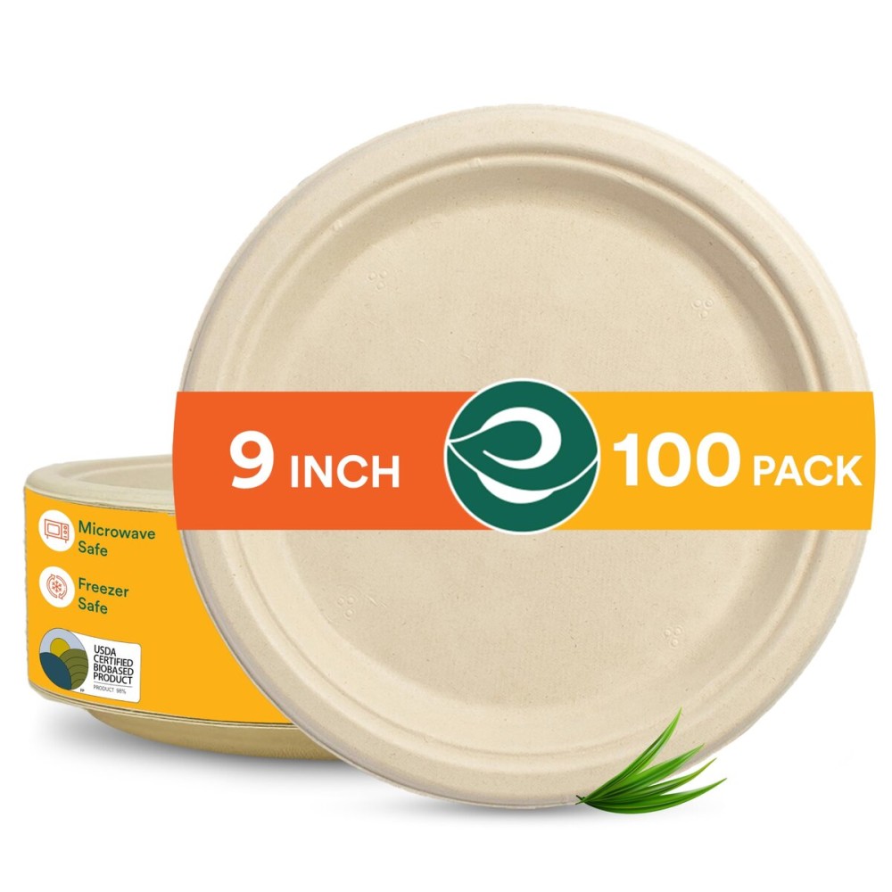 ECO SOUL Compostable 9 Inch Biodegradable Disposable Paper Plates | Eco-Friendly Dinner, Party, Wedding, Event