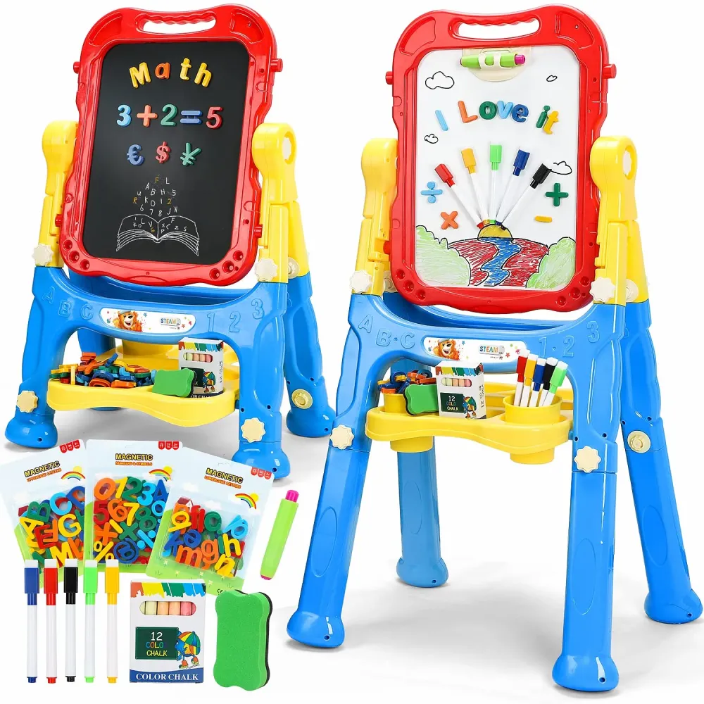 STEAM Life Large Art Easel for Kids, Double-Sided 4In1 Toddler Easel with Rotable Magnetic Chalkboard & White Drawing Board, Height Adjustable with Magnetic Letters & Numbers Gifts for Boys and Girls STEAM Life Large Art Easel for Kids, Double-Sided 4In1 Toddler Easel with Rotable Magnetic Chalkboard & White Drawing Board, Height Adjustable with Magnetic Letters & Numbers Gifts for Boys and Girls