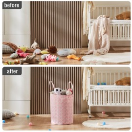 TECHMILLY Large Storage Basket for Girls and Boys, Collapsible Laundry Hamper with Long Handles, Toy Bins for Nursery, Kids Room Dcor