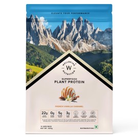 WELLBEING NUTRITION Organic Vegan Plant Protein Isolate Powder | 22g Protein, 5g BCAA | Prebiotics & 3B CFU Probiotics | No Bloating | Easy to Digest | French Vanilla Caramel- 500gm