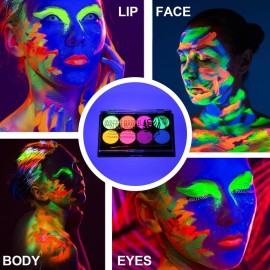 MEICOLY Neon Face Paint,UV Blacklight Glow Face Paint,8 Bright Colors Neon Fluorescent Rave Body Paint Palette,Water Activated Eyeliner,Water Based Glow In The Dark Halloween Washable for Kids Adults MEICOLY Neon Face Paint,UV Blacklight Glow Face Paint,8 Bright Colors Neon Fluorescent Rave Body Paint Palette,Water Activated Eyeliner,Water Based Glow In The Dark Halloween Washable for Kids Adults