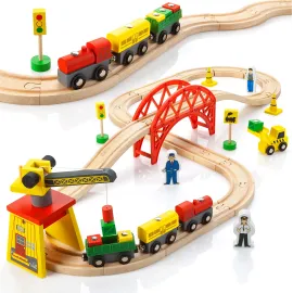 KipiPol Wooden Train Sets for Boys 2-4-7 - 38 Pcs Wood Train Set for Toddlers w/Crane, Bridge & Wooden Train Tracks - Train Toys for 3 Year Old Boys & Girls - Fits Thomas Brio IKEA Melissa and Doug