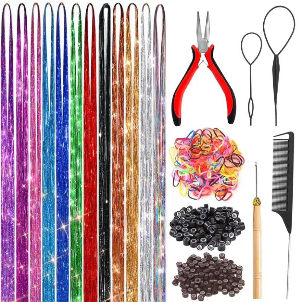 Fairy Hair Tinsel Kit with Tools 48 Inch Heat Resistant Safe 12 Colors Glitter Tinsel Hair Extensions 3200 strands (12 Colors, 3200 Strands) Fairy Hair Tinsel Kit with Tools 48 Inch Heat Resistant Safe 12 Colors Glitter Tinsel Hair Extensions 3200 strands (12 Colors, 3200 Strands)