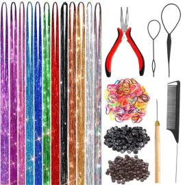 Fairy Hair Tinsel Kit with Tools 48 Inch Heat Resistant Safe 12 Colors Glitter Tinsel Hair Extensions 3200 strands (12 Colors, 3200 Strands)