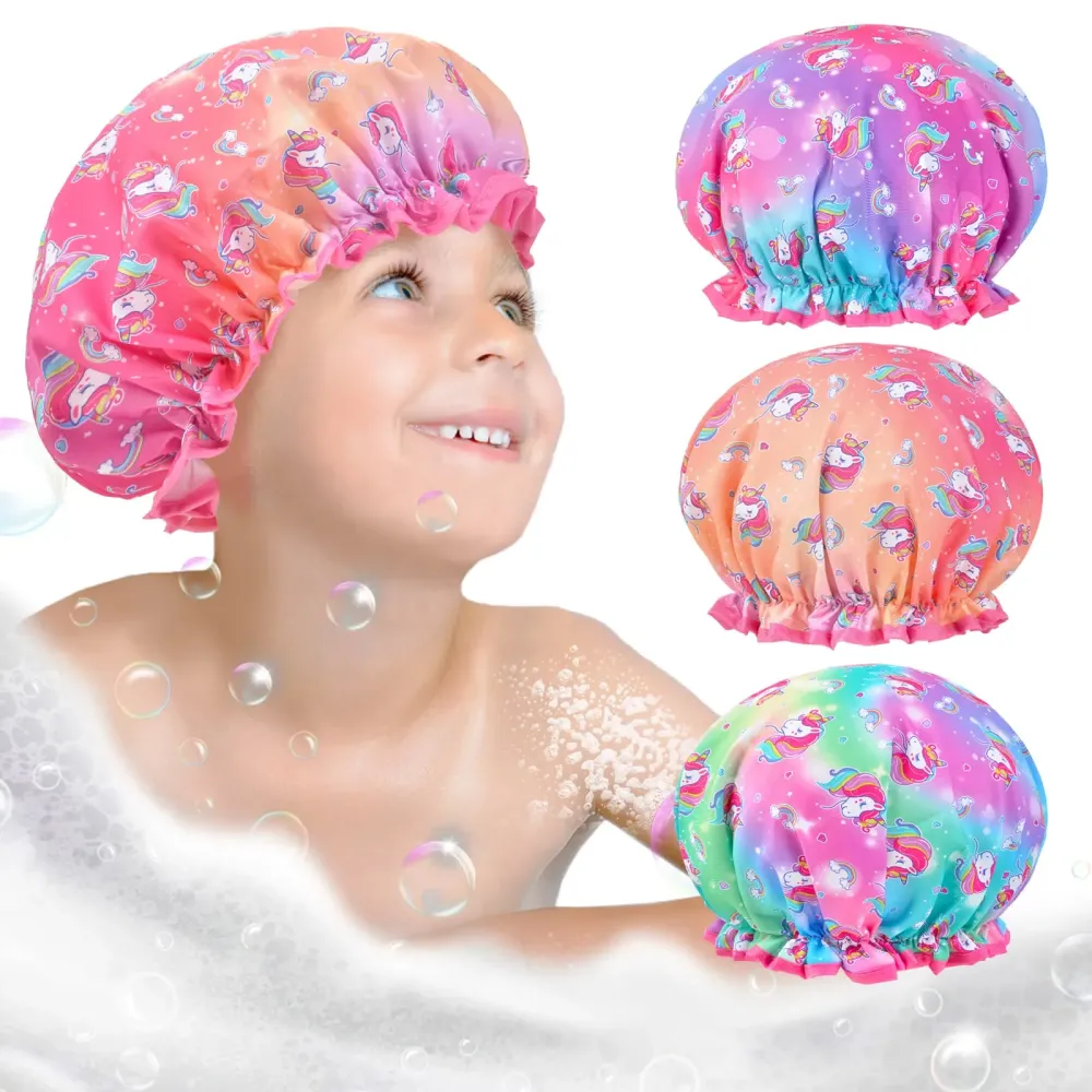 Unicorn Kids Shower Cap Set, 3 Pcs Rainbow Hair Caps, Wide Elastic Band, Reusable Waterproof Toddler Bath Cap, Large for Girls & Women Unicorn Kids Shower Cap Set, 3 Pcs Rainbow Hair Caps, Wide Elastic Band, Reusable Waterproof Toddler Bath Cap, Large for Girls & Women