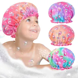 Unicorn Kids Shower Cap Set, 3 Pcs Rainbow Hair Caps, Wide Elastic Band, Reusable Waterproof Toddler Bath Cap, Large for Girls & Women