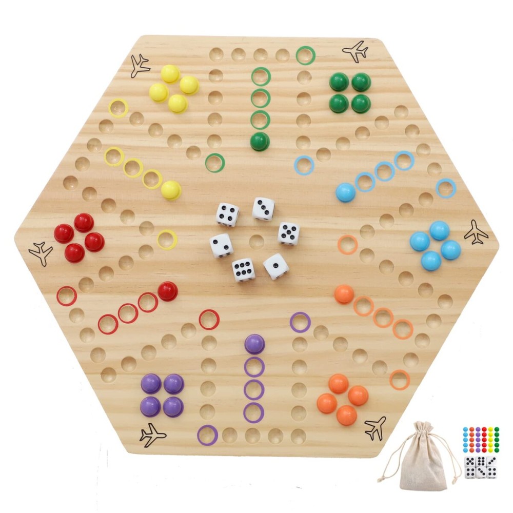 HOROW Wahoo Board Game Wooden Original Board Game 15 inch Classic 2 Side Painted Fast Track Game for 4 Player and 6 Player with 30 Marbles,6 Dices for Family Game Night