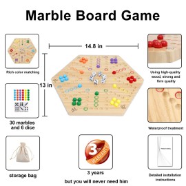 HOROW Wahoo Board Game Wooden Original Board Game 15 inch Classic 2 Side Painted Fast Track Game for 4 Player and 6 Player with 30 Marbles,6 Dices for Family Game Night